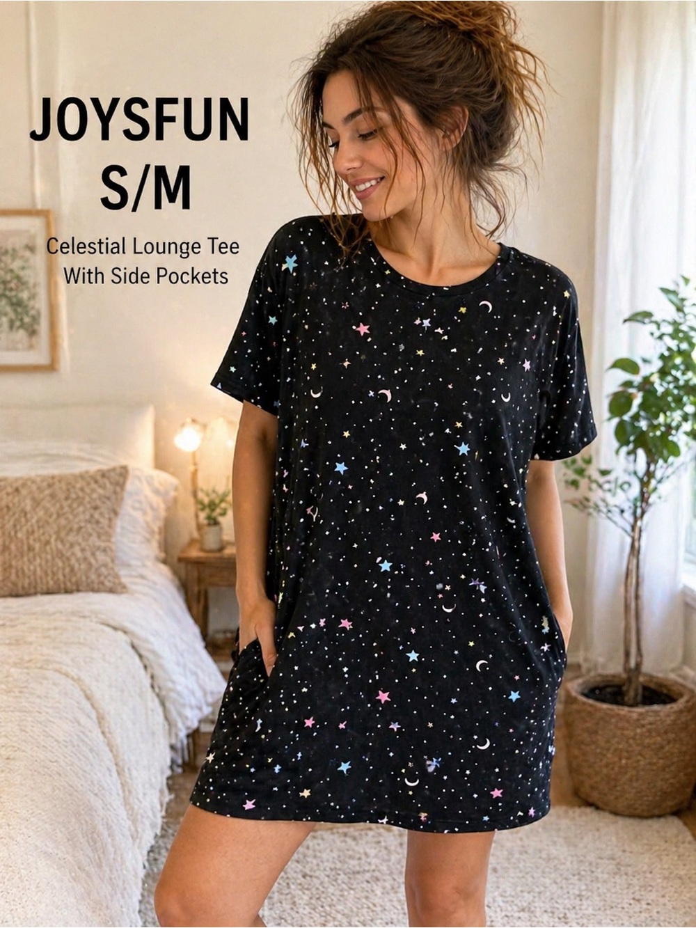 Joyspun Star Moon Sleep Shirt S/M Black Lounge Dress Pockets